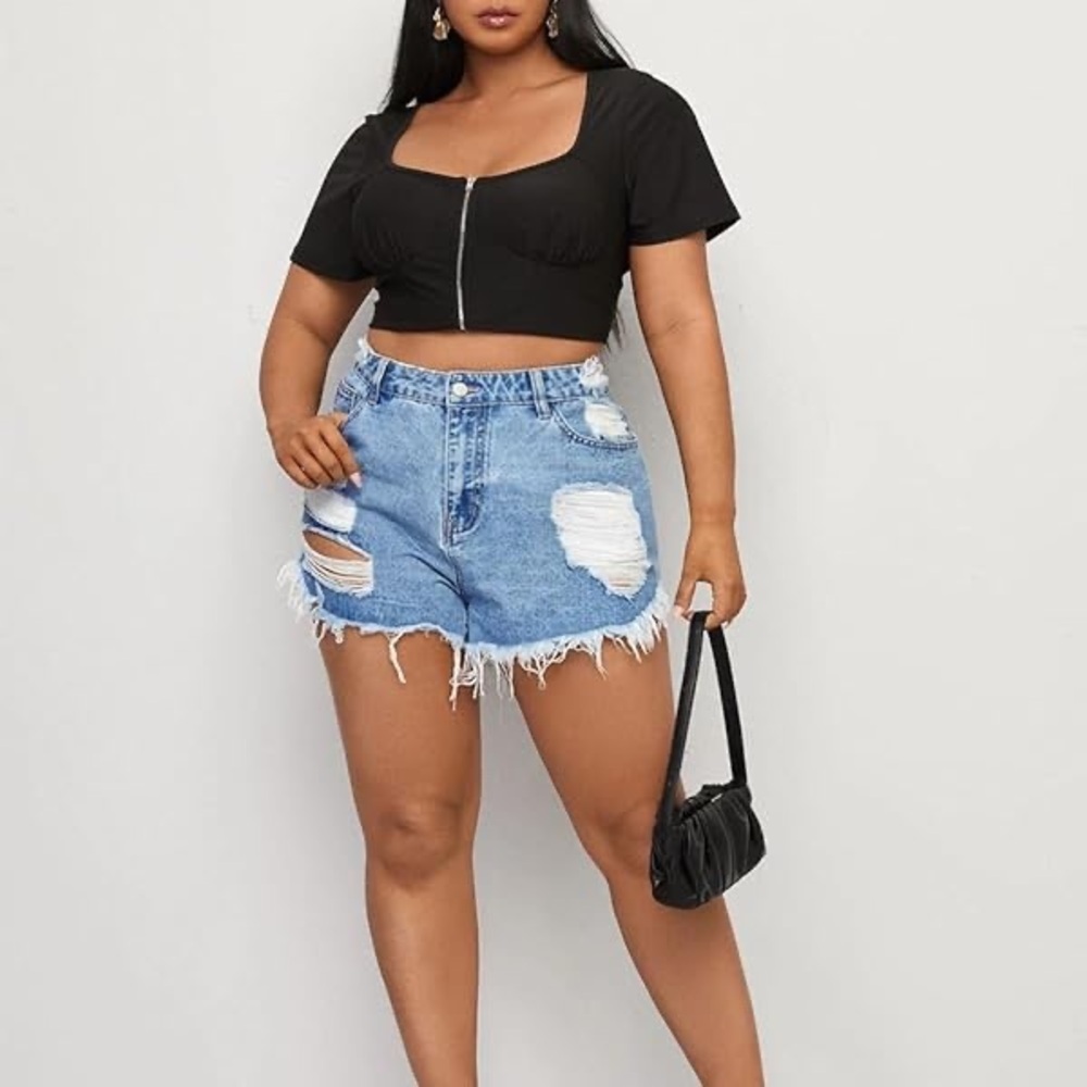 Maplehub Plus Size Denim Jean Shorts Womens 26W High Waisted Distressed‎ New